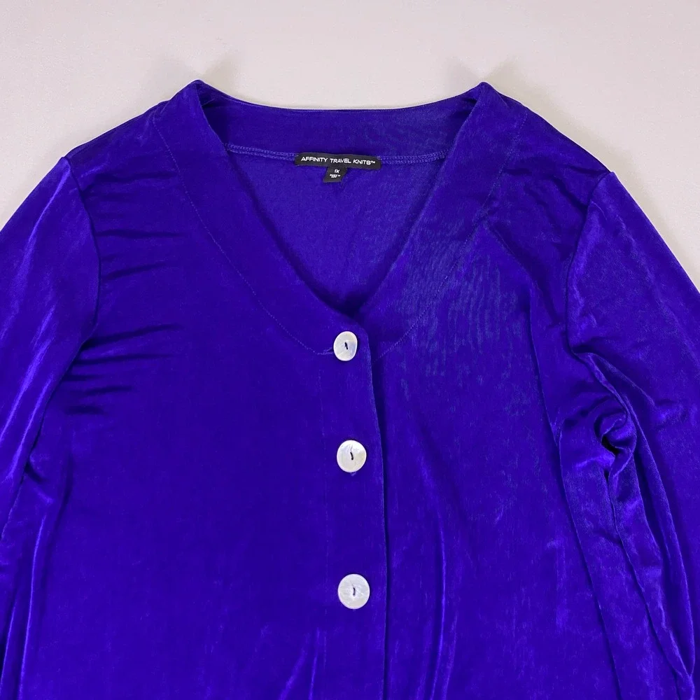 Affinity‎ Travel Knits Cardigan Women 1X Purple Button Front 3/4 Sleeve Top USA